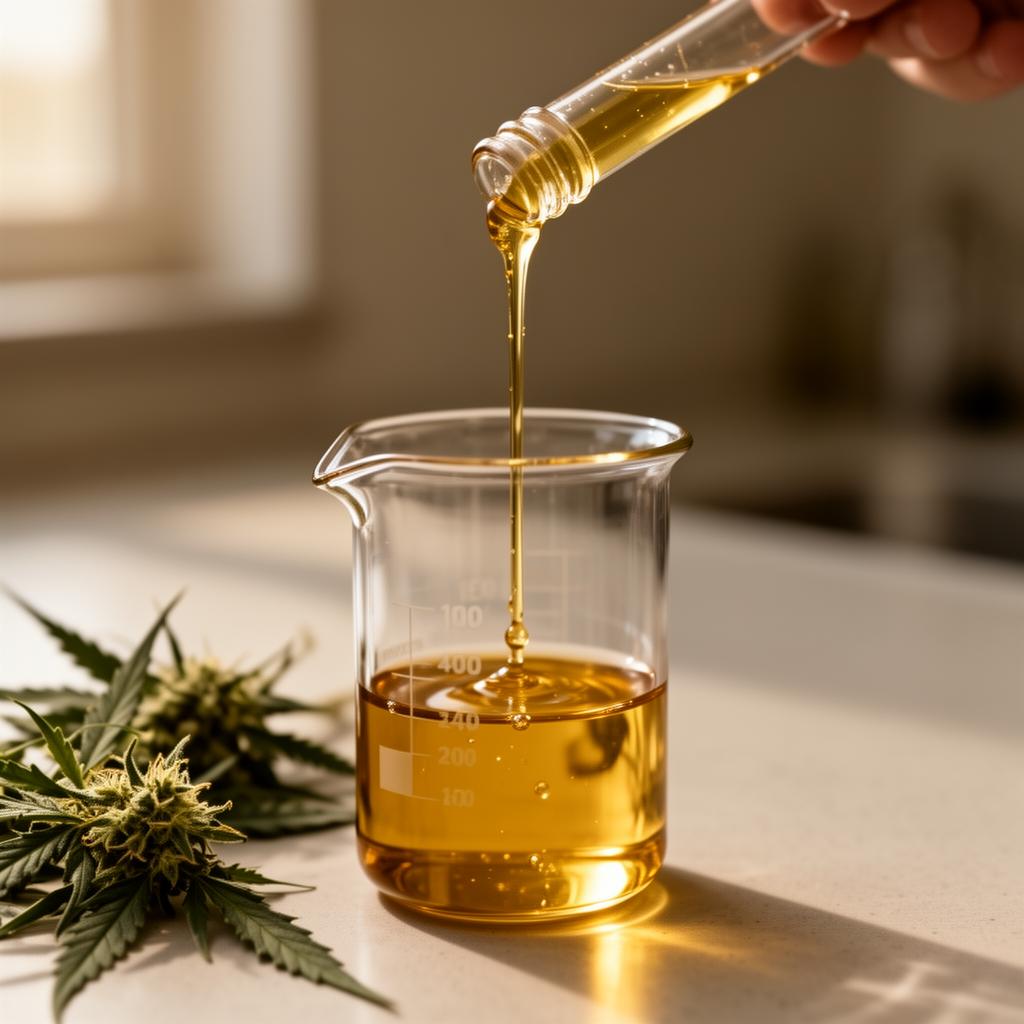 Golden full-spectrum hemp oil being poured into a glass laboratory beaker.
