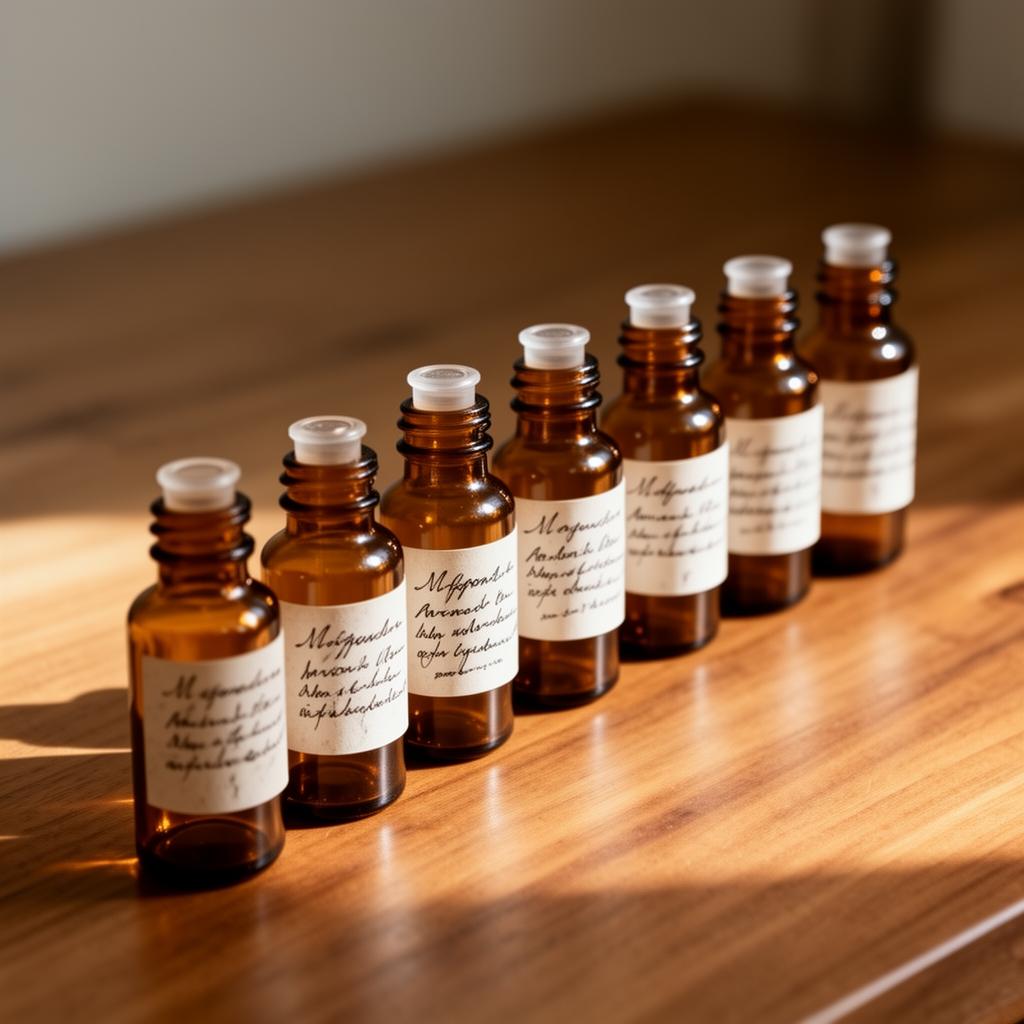Row of small amber sample vials with handwritten labels on a wooden surface.