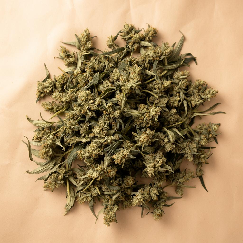 Dried hemp flower on warm beige paper